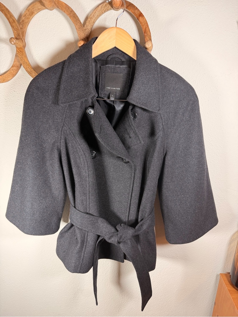 The Limited Wool Blend Belted Jacket L Charcoal Wide Sleeve